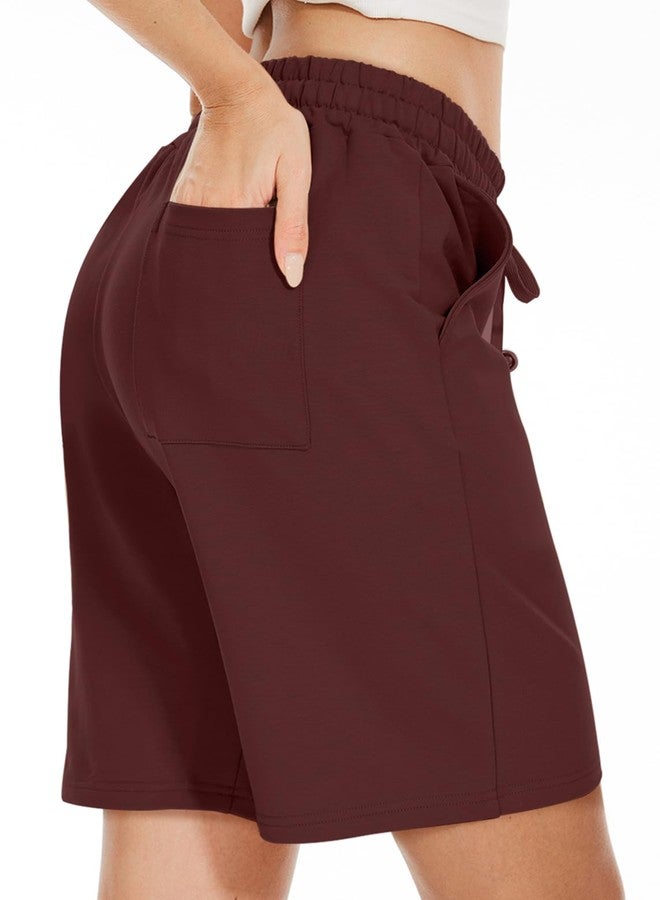 TARSE Women's Bermuda Shorts Summer Long Cotton Drawstring Loose Pocket Knee Length Shorts Yoga Casual Walking Exercise Shorts(Wine,M) - Image 3